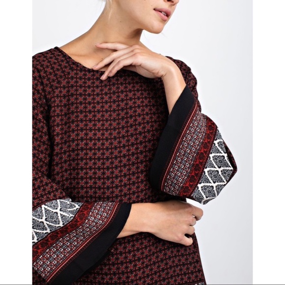 Navy and Red Boho Patterned Blouse with Wide Sleeves - Picture 1 of 8